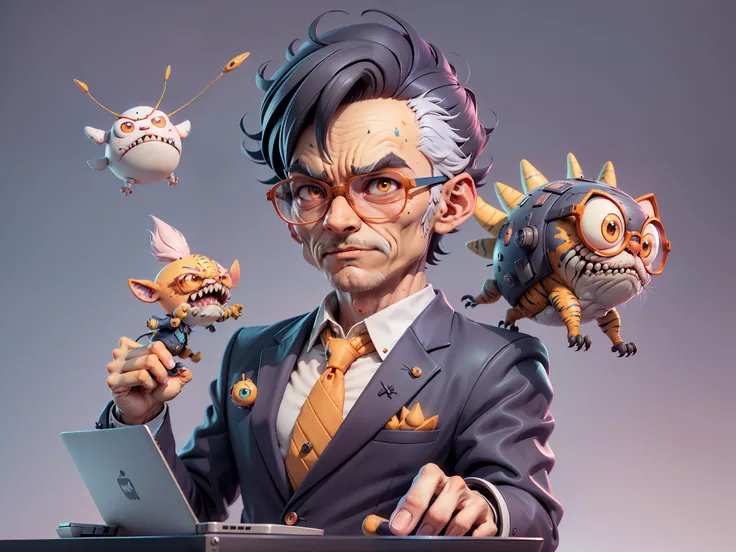A young man in a suit, Short hair and glasses sat at his desk,holding laptop,digitial painting,tigre,3D character design by Mark Clairen and Pixar and Hayao Miyazaki and Akira Toriyama,4K HD illustration,Very detailed facial features and cartoon-style visu...