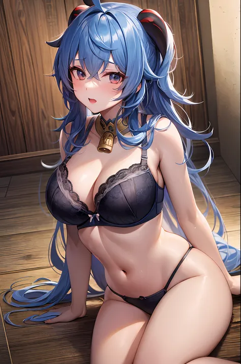 1ganyu, blue sea hair, large breasts, cleavage, navel, t-shirt, ((bra)),clothes lift, skirt, lying, full body, sexy body ,sittin...