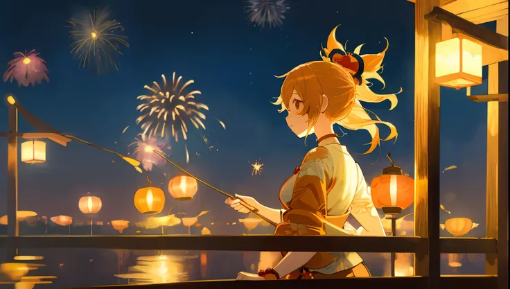 1girl,masterpiece, illustration, yoimiya, fireworks, gold fish, summer festival, yukata, night time, magical