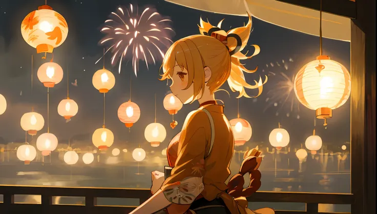 1girl,masterpiece, illustration, yoimiya, fireworks, gold fish, summer festival, yukata, night time, magical