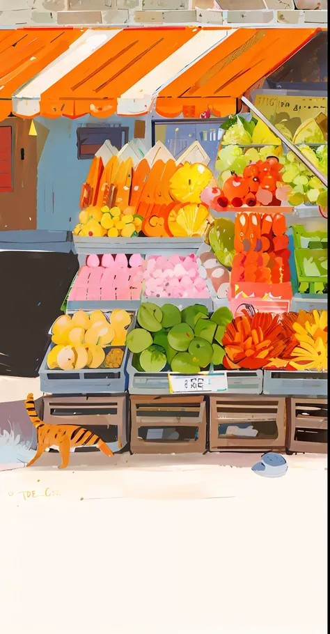 there was a cat walking around the fruit stall，there is a lot of fruit in it, colored fruit stand, digital paintin, high-quality...