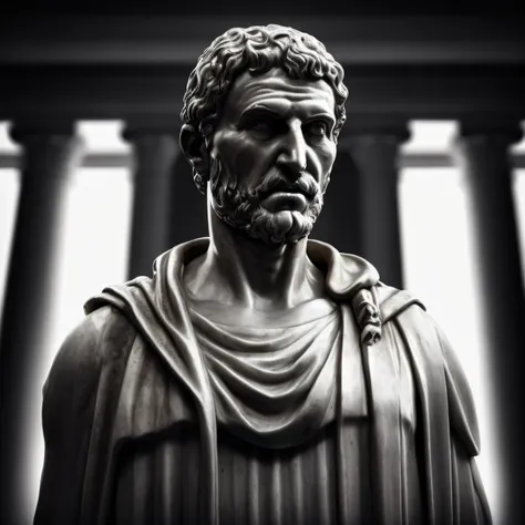 seneca, close-up of a classic wise greek philosopher, statue in a temple, stoic posture, greek god, wisdom, cinematic feel, blac...