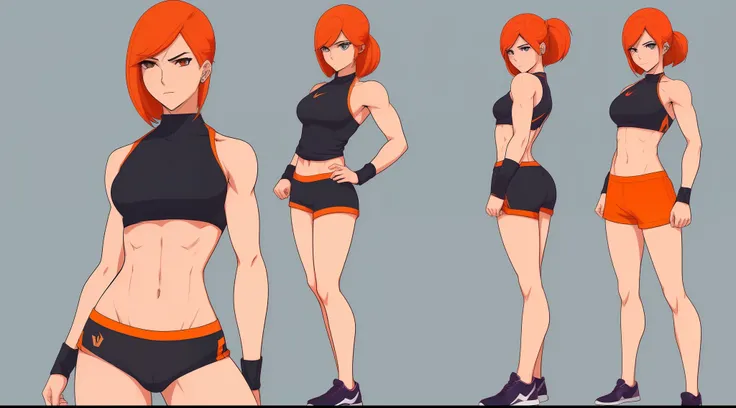 ((((estilo webtoon)))), ((((character description)))) mujer joven en ropa deportiva, pelo corto de color naranja, ruso, cuerpo c...