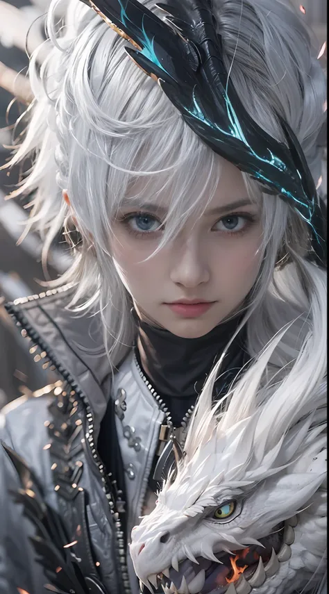 a high resolution，high detal，8k，（a boy:1.9），cool guy，high-definition face，messy short silver-white hair and medium white hair st...