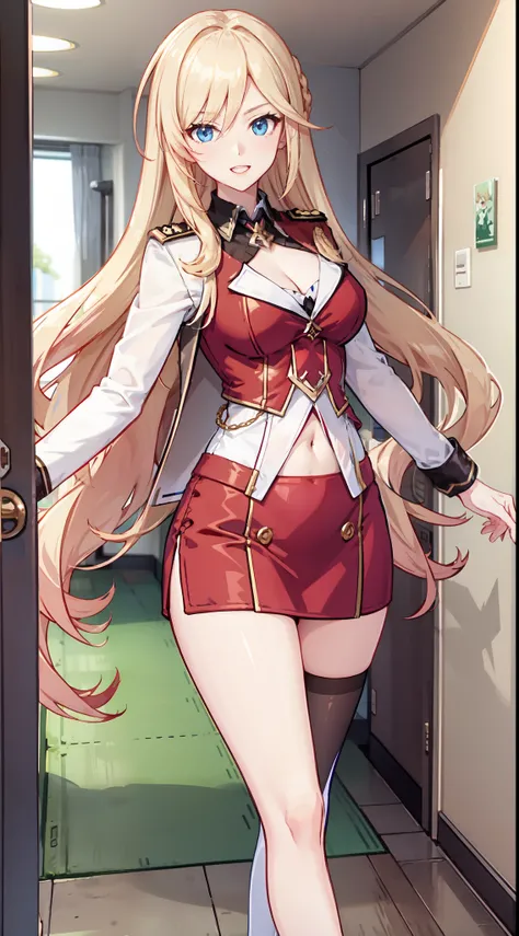 slim legs, cleavage, short skirt, navel, blue eyes, red soldier uniform, thigh high socks, stand, blonde hair, long hair, short skirt, durandal, happy, hallway