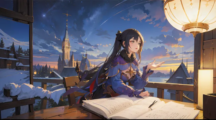 1girl,masterpiece, illustration, Mona Megistus, casual clothes, night time, magical, starry sky