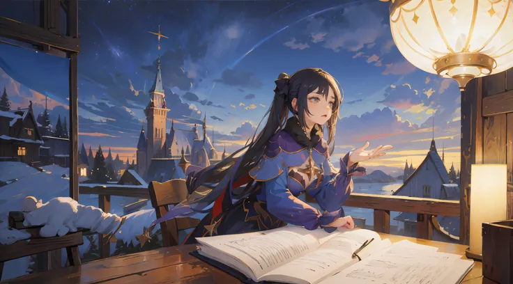 1girl,masterpiece, illustration, Mona Megistus, casual clothes, night time, magical, starry sky