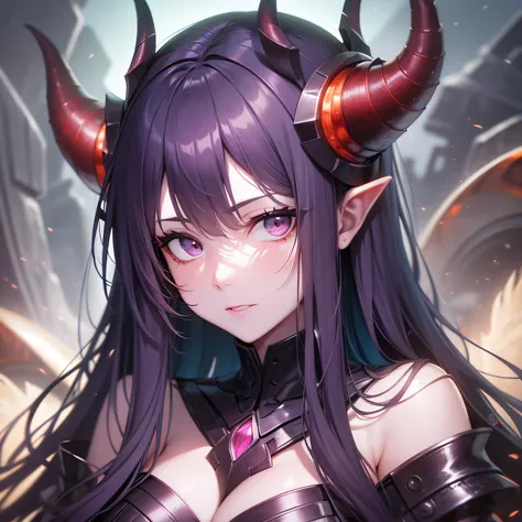 a zerg queen with a unique appearance，black purple demonic hair and double horns，human facial features，zerg physical characteris...