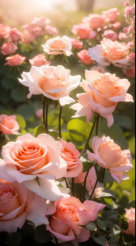 many pink roses grow in the garden, roses in cinematic light, pastel roses, crown of peach roses, rose twining, crown of mechani...