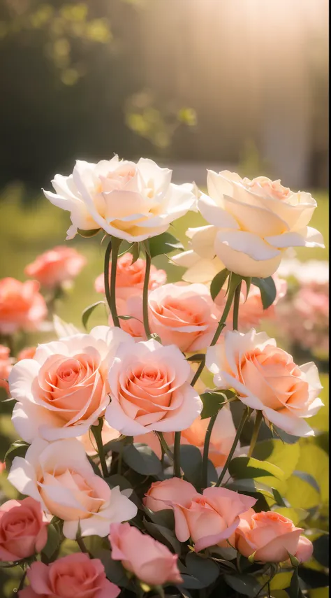 many pink roses grow in the garden, roses in cinematic light, pastel roses, crown of peach roses, rose twining, crown of mechani...