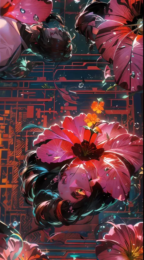 hibiscus Moon with water drops,neon glow, random background, sun rise, bokha mood