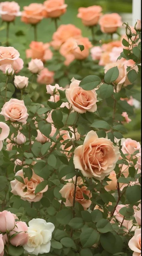 many roses bloom in the garden, rose-brambles, rose twining, rose garden, incredibly beautiful, crown of peach roses, rosa bonhe...