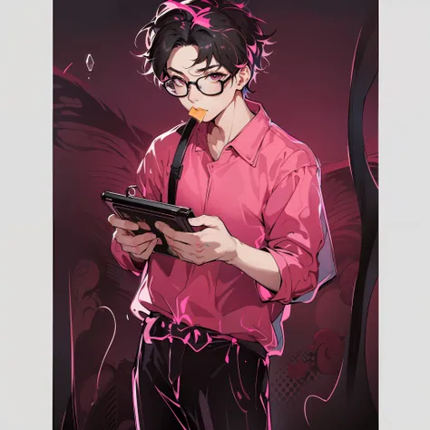 hannya mask style 0mib，ember，pink shirt with black wide-leg pants，wearing glasses，bubbles blowing in the mouth，hold a console ma...