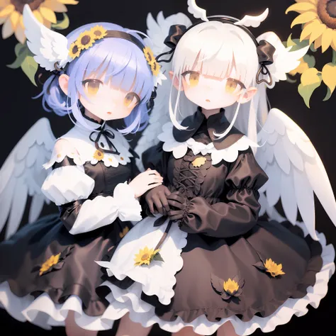 a demon that looks like an angel、girl with、sunflower pattern dress、white hair