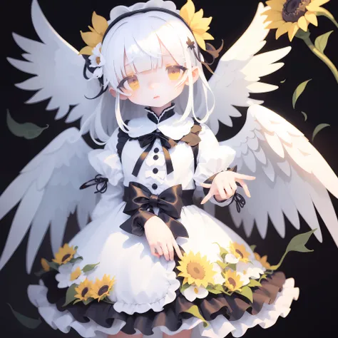 a demon that looks like an angel、girl with、sunflower pattern dress、white hair