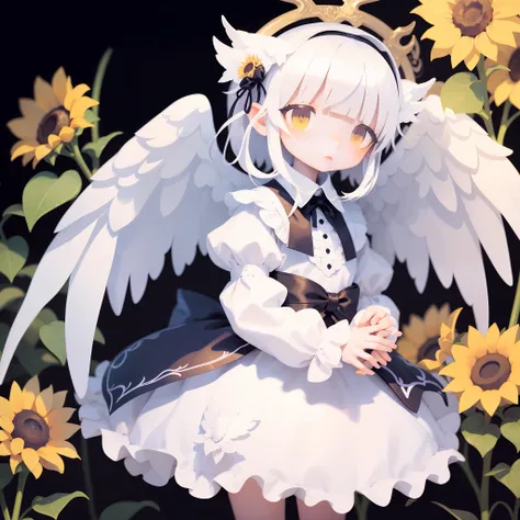 a demon that looks like an angel、girl with、sunflower pattern dress、white hair