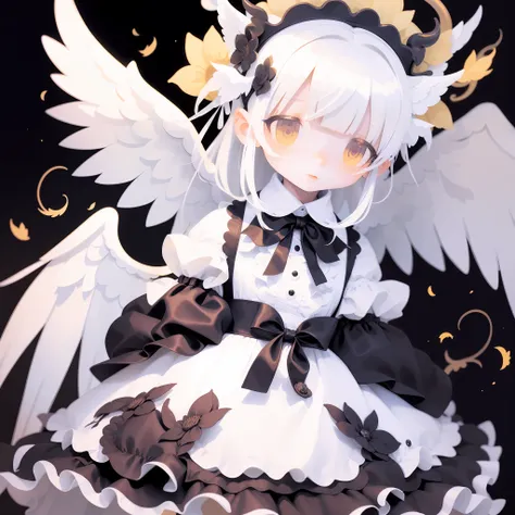 a demon that looks like an angel、girl with、sunflower pattern dress、white hair