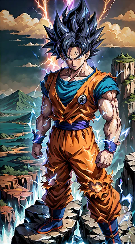 super saiyan goku unleashes a massive energy wave while standing on top of a mountain, the surroundings are filled with lush gre...