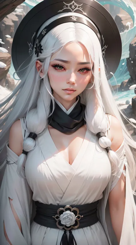 close-up of a woman with white hair and a black scarf，独奏,a character portrait by yang j，pixiv competition winner，fantasyart，whit...