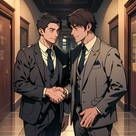 Two men face to face,Wearing a black suit,Both parties hold contracts in their hands,ssmile