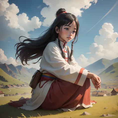 tibetan girl in the grassland，yak，blue sky and white clouds as background。realisticstyle