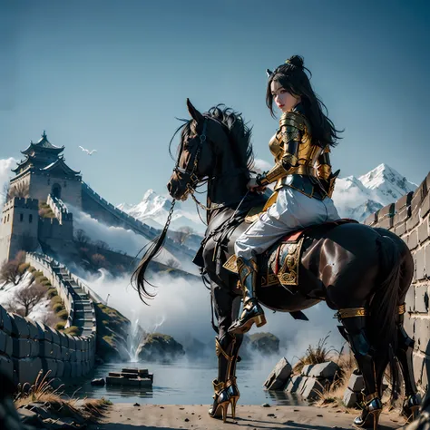 in a panoramic view，photorealestic，modern style，blue sky, the great wall，3girl，dressed in gorgeous golden chinese armor，golden h...