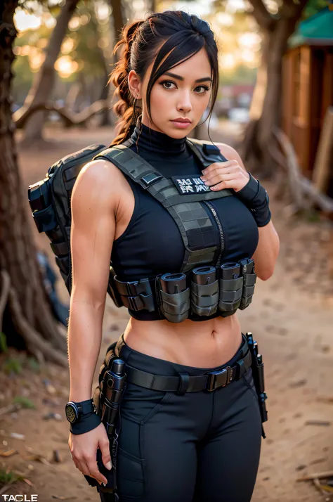 ((portrait shot)) tacticool, a woman, (vest:1.2), (black yoga pants), military, 4k, high-res, masterpiece, best quality, (head:1...