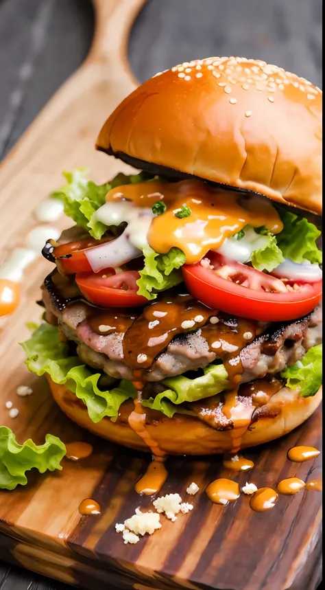 a gourmet burger is a mouthwatering masterpiece, nestled between two lightly toasted brioche buns, the perfectly grilled beef pa...