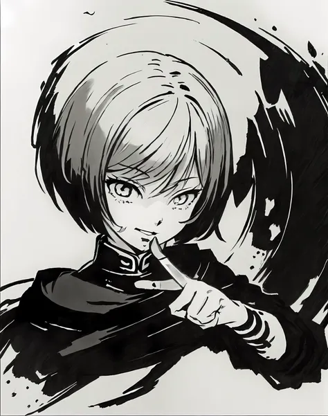 the anime character holds a knife in his hand，the background is black and white, ink manga drawing, pencil and ink manga drawing...