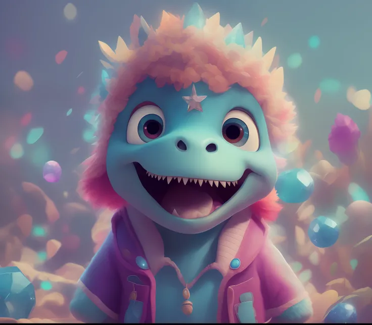 Jacket photo、Dinosaur、The color of the body is light blue、Cinematic portrait of cute Diki beautifully filled with colorful crystals、cute little、4K、detaileds、digitalart、by disney、Pixar