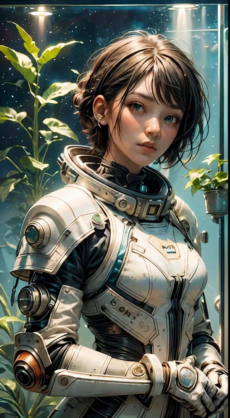 1 monk warrior girl with white tech suit clothes，with short black hair，planting，sapling，space plants，glass cover，laces，abstract ...