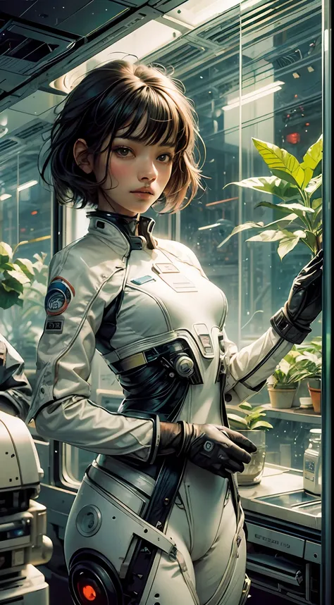 1 monk warrior girl with white tech suit clothes，with short black hair，planting，sapling，space plants，glass cover，laces，abstract ...