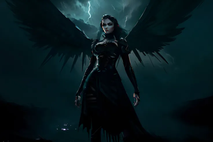 ((fallen dark gothic angel)) | ((a dark storm behind her)) | ((nft with highly detailed stylized rendering)) | ((unique composit...