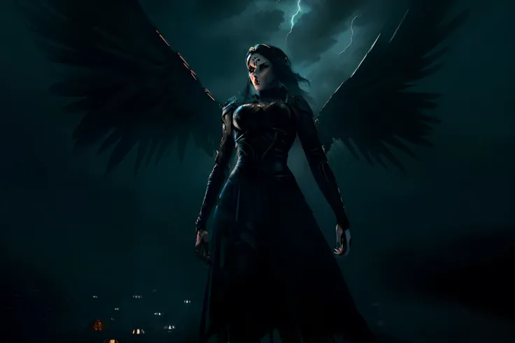 ((fallen dark gothic angel)) | ((a dark storm behind her)) | ((nft with highly detailed stylized rendering)) | ((unique composit...