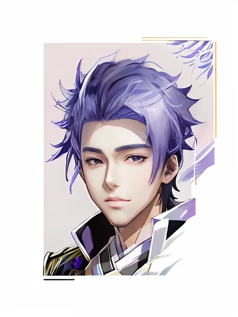 handsome boy character created by anime artist，purple colored hair，black eyes，white color blouse，miura kentaro style，high qualit...