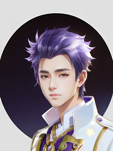 handsome boy character created by anime artist，purple colored hair，black eyes，white color blouse，miura kentaro style，high qualit...