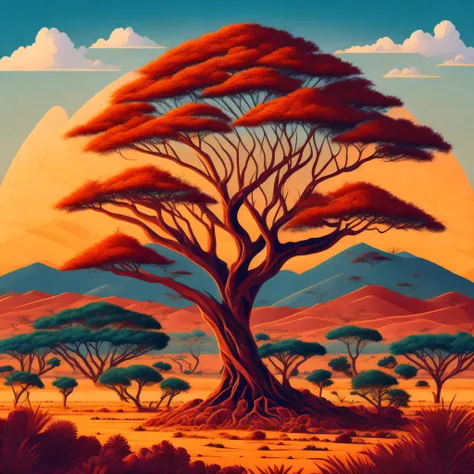 an african thorn tree standing tall in a picturesque savanna landscape, serving as a captivating t-shirt design with intricate d...