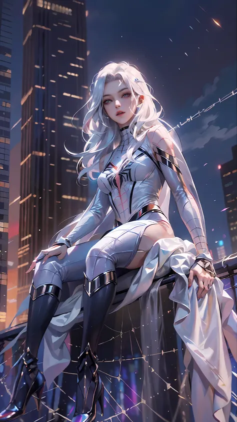 (Masterpiece, 4k resolution, ultra-realistic, very detailed), (White superhero theme, charismatic, theres a girl on top of town, wearing Spider-Man costume, shes a superhero), [ ((25 years), (long white hair:1.2), full body, (blue eyes:1.2), ((Spider-Man p...