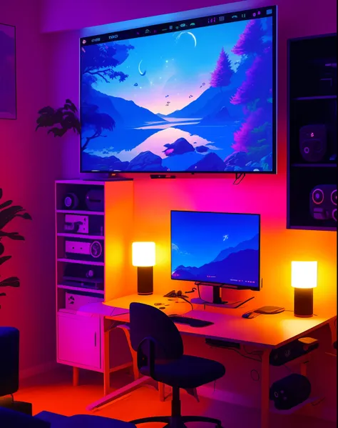 hestyle  inside view of gaming room at evening, colorful night