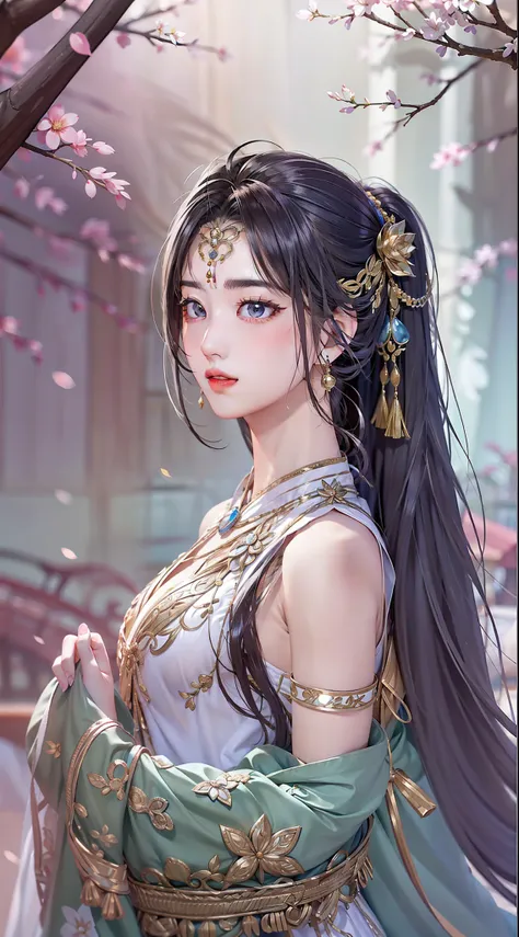 her hair is like a waterfall at night，soft and shiny。every strand of hair reveals the gentle and delicate beauty of ancient wome...