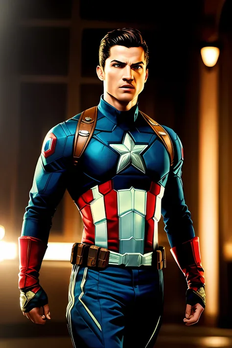 . .Tarantino Cristiano Ronaldo style as Captain America 8k, highes definition, rosto detalhado, rosto detalhado, olhos detalhados, terno detalhado, estilo Marvel e DC, hiper-realista, + Cinematographic shot + dynamic compositing, incrivelmente detalhado, n...