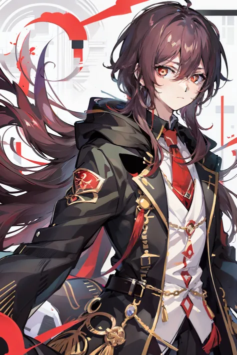 (Brunette God:1.3),(Tall anime man:0.9),(黑The eye:0.8),1 boy wearing a black coat and red tie,standing tall and proud prussia,hajime yatate,Beautiful androgynous prince,Delicate androgynous prince,anime style like fate/Stay overnight,male anime character,A...