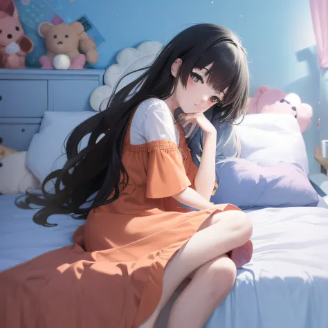 Anime girl sitting on bed in orange dress with stuffed animals, loli in dress, anime moe art style, sitting on her bed, sit on a bed, Sitting on the bed, at pixiv, Pisif, someone sits in bed, Digital anime illustration, Loli, sitting in her room, late morn...