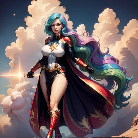 princess celestia, huge-breasts, lush breasts, elastic breasts, hairlong, luxurious hairstyle, in the costume of captain marvel,...