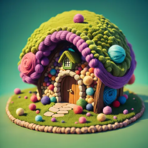 anthill in the shape of a fairy house made of yarn balls, vibrant colors, line art style