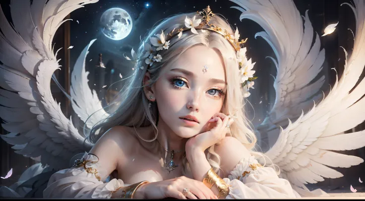 top image quality、​masterpiece、light lighting、face to detail、the angel woman is too beautiful、one white winged、odd-eyed eyes、ang...