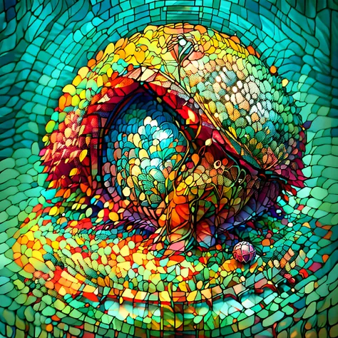 anthill in the shape of a fairy house made of yarn balls, vibrant colors, line art style