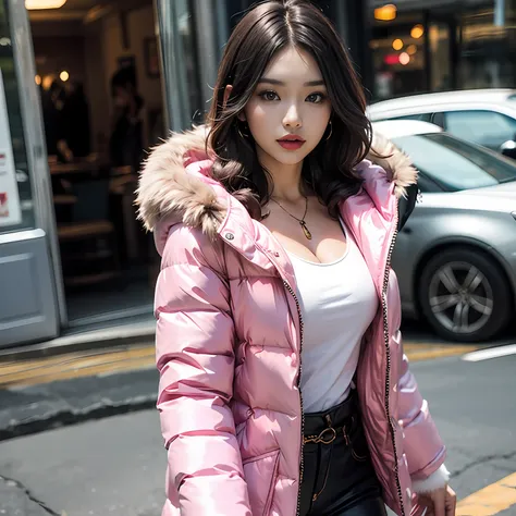 japanese woman,  pale skin,  bright lipstick , wearing a( very tight and short) pink ((silk))  puffer coat, photorealistic, mast...