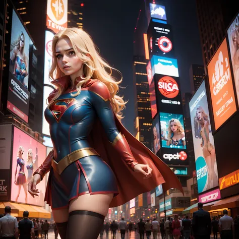 na cidade de nova york, time square, mulher bonita cabelo curto corpo definido seios grandes, vestindo cosplay de supergirl