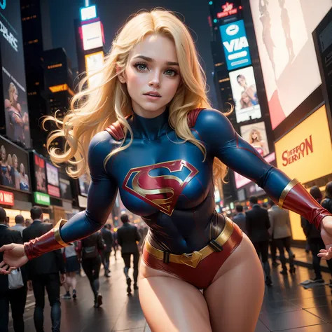 na cidade de nova york, time square, mulher bonita cabelo curto corpo definido seios grandes, vestindo cosplay de supergirl